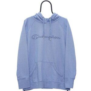 Champion Hoodie Spellout Logo Pullover Vintage Blue - Womens small
